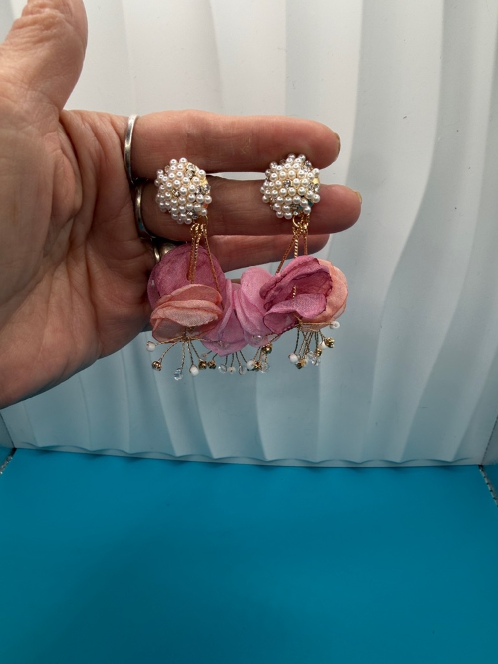 Pearl Cluster & Pink Floral Drop Earrings